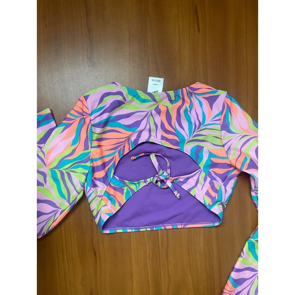 Art Class Girls Long Sleeve Rash Guard Swim Top Tropical Leaf Print Purple Large